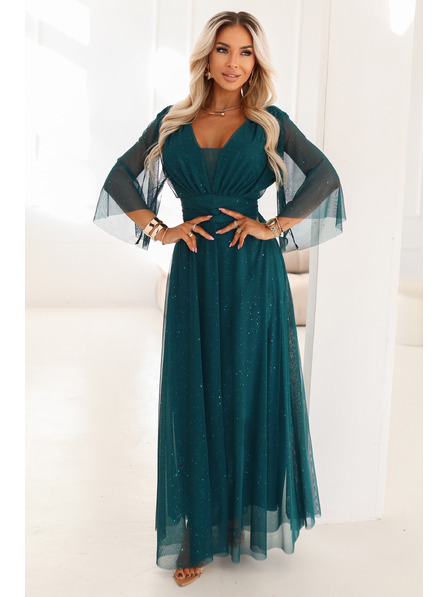 numoco basic Dlouhé, třpytivé šaty plus size s kulatým výstřihem a průsvitnými rukávy - lahvově zelené