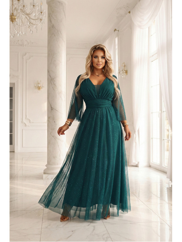 numoco basic Dlouhé, třpytivé šaty plus size s kulatým výstřihem a průsvitnými rukávy - lahvově zelené