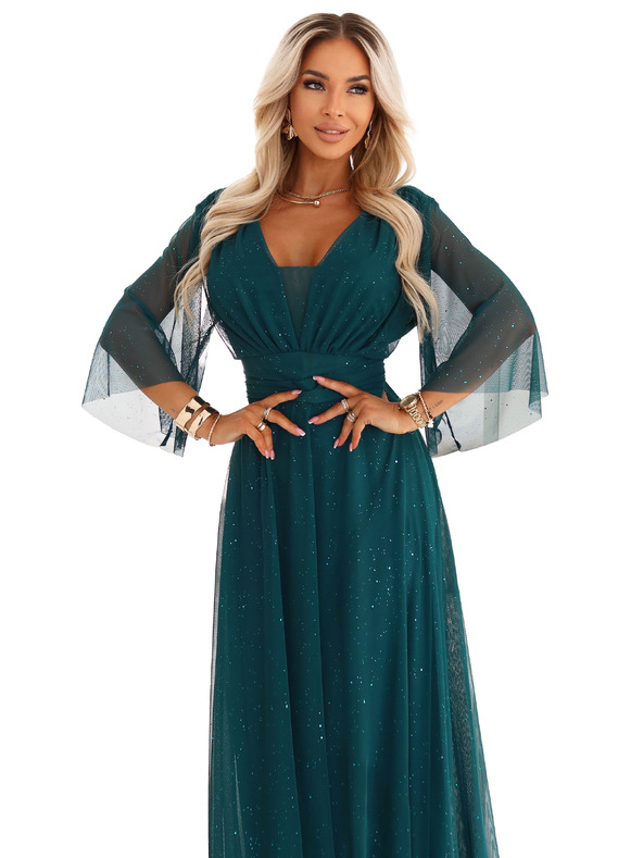 numoco basic Dlouhé, třpytivé šaty plus size s kulatým výstřihem a průsvitnými rukávy - lahvově zelené