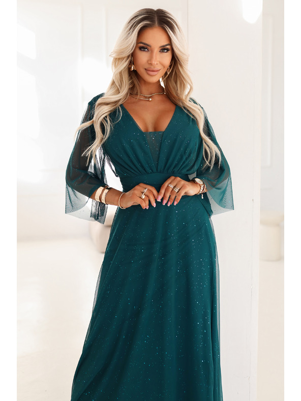numoco basic Dlouhé, třpytivé šaty plus size s kulatým výstřihem a průsvitnými rukávy - lahvově zelené