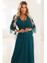numoco basic Dlouhé, třpytivé šaty plus size s kulatým výstřihem a průsvitnými rukávy - lahvově zelené