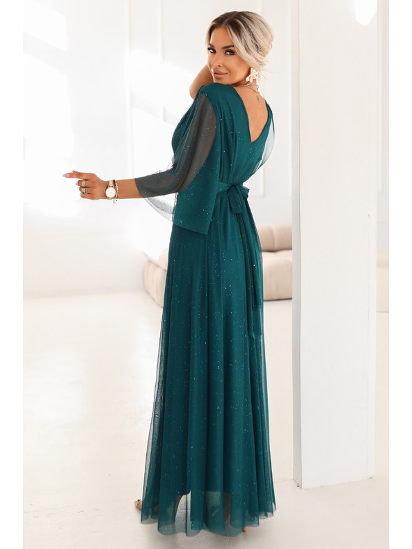 numoco basic Dlouhé, třpytivé šaty plus size s kulatým výstřihem a průsvitnými rukávy - lahvově zelené