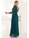 numoco basic Dlouhé, třpytivé šaty plus size s kulatým výstřihem a průsvitnými rukávy - lahvově zelené