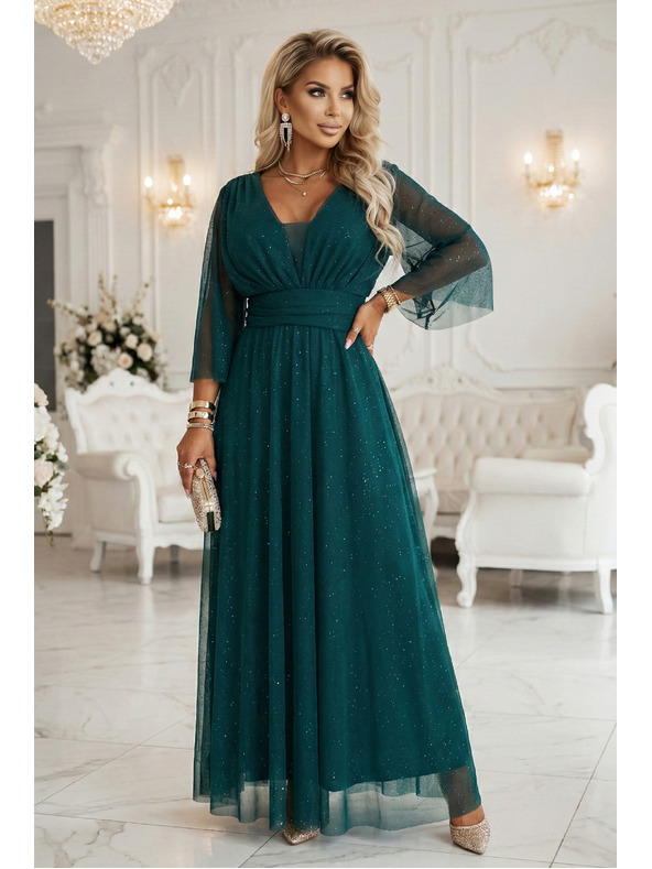 numoco basic Dlouhé, třpytivé šaty plus size s kulatým výstřihem a průsvitnými rukávy - lahvově zelené