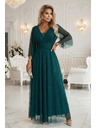 numoco basic Dlouhé, třpytivé šaty plus size s kulatým výstřihem a průsvitnými rukávy - lahvově zelené