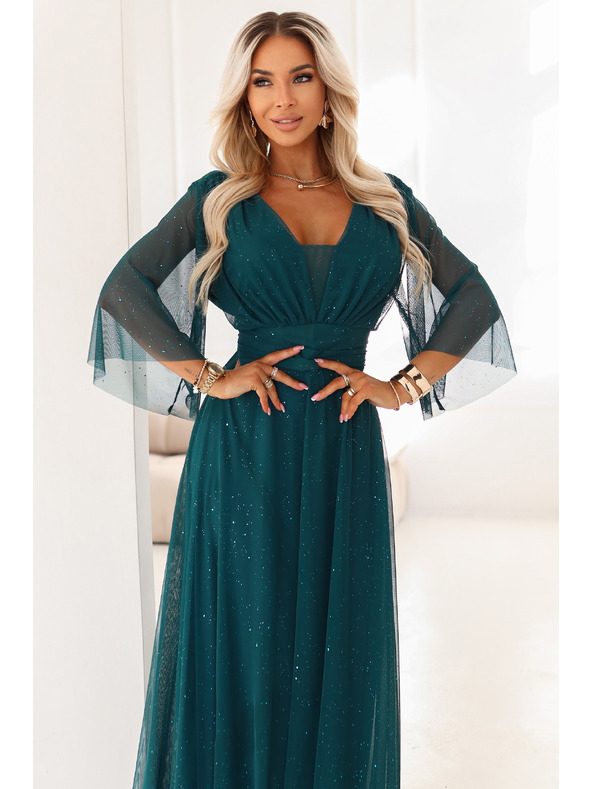 numoco basic Dlouhé, třpytivé šaty plus size s kulatým výstřihem a průsvitnými rukávy - lahvově zelené