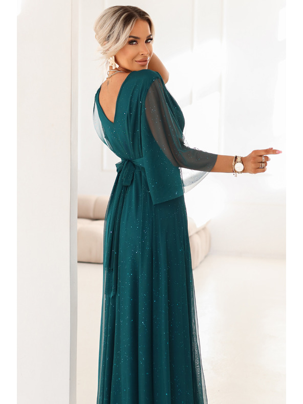 numoco basic Dlouhé, třpytivé šaty plus size s kulatým výstřihem a průsvitnými rukávy - lahvově zelené