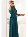 numoco basic Dlouhé, třpytivé šaty plus size s kulatým výstřihem a průsvitnými rukávy - lahvově zelené