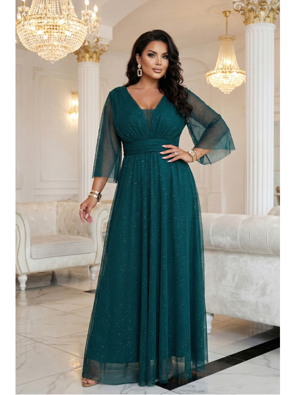 numoco basic Dlouhé, třpytivé šaty plus size s kulatým výstřihem a průsvitnými rukávy - lahvově zelené