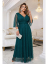 numoco basic Dlouhé, třpytivé šaty plus size s kulatým výstřihem a průsvitnými rukávy - lahvově zelené