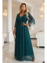 numoco basic Dlouhé, třpytivé šaty plus size s kulatým výstřihem a průsvitnými rukávy - lahvově zelené