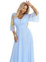 numoco basic Dlouhé lesklé šaty plus size s výstřihem a průhledným rukávkem - světle modrá
