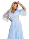 numoco basic Dlouhé lesklé šaty plus size s výstřihem a průhledným rukávkem - světle modrá