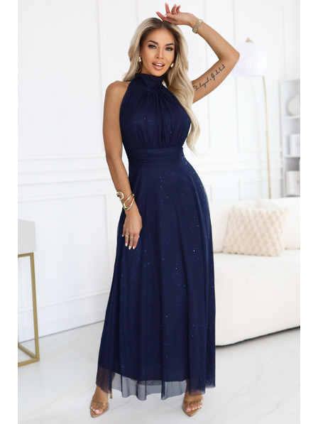 numoco basic VERONICA luxusní dlouhé šaty s brokátovým akcentem a elegantním střihem - tmavě modré
