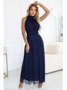 numoco basic VERONICA luxusní dlouhé šaty s brokátovým akcentem a elegantním střihem - tmavě modré