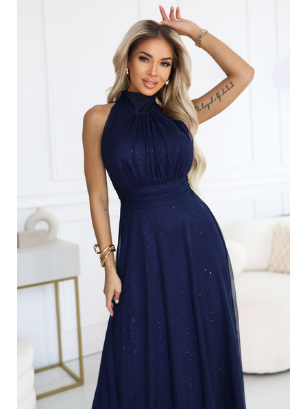 numoco basic VERONICA luxusní dlouhé šaty s brokátovým akcentem a elegantním střihem - tmavě modré