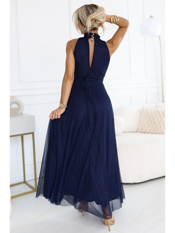 numoco basic VERONICA luxusní dlouhé šaty s brokátovým akcentem a elegantním střihem - tmavě modré
