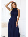 numoco basic VERONICA luxusní dlouhé šaty s brokátovým akcentem a elegantním střihem - tmavě modré