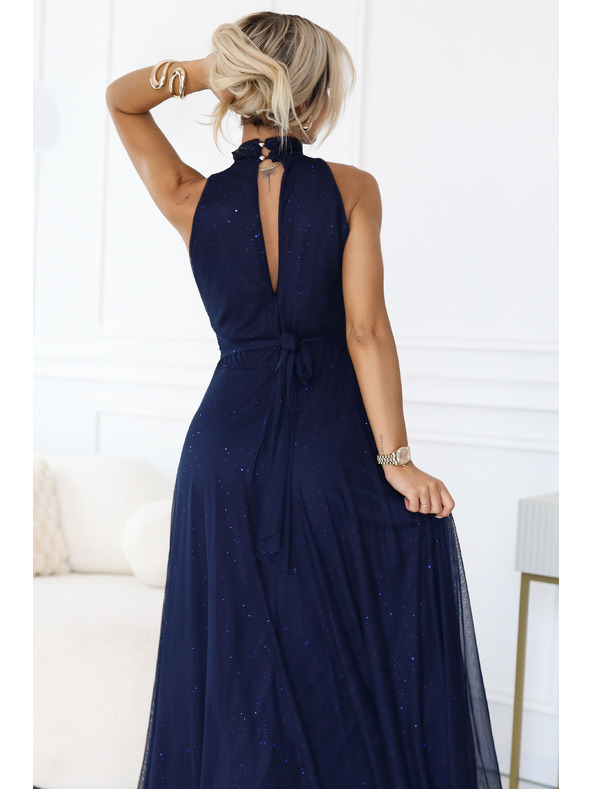 numoco basic VERONICA luxusní dlouhé šaty s brokátovým akcentem a elegantním střihem - tmavě modré