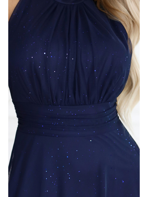 numoco basic VERONICA luxusní dlouhé šaty s brokátovým akcentem a elegantním střihem - tmavě modré
