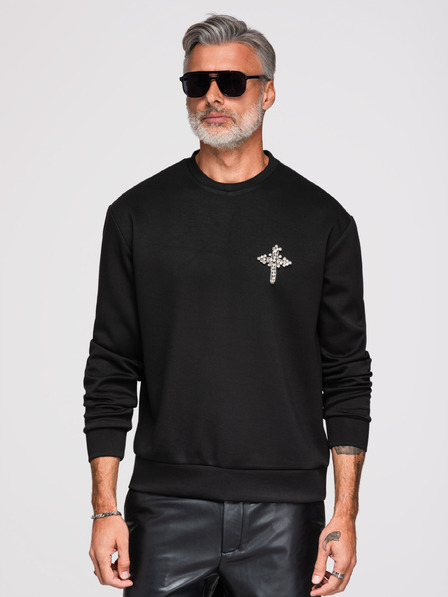 Ombre Clothing Pánská mikina s aplikací kříže a stříbrným kamenem a kulatým výstřihem - černá V1 OM-SSNZ-0271 Ombre Clothing