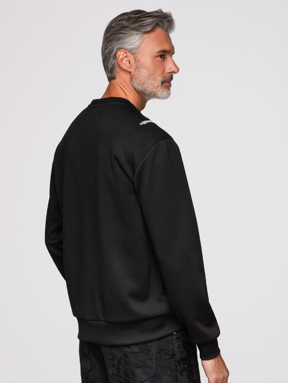 Ombre Clothing Pánská mikina s aplikacemi růží ze stříbrných flitrů a korálků s kulatým výstřihem - černá V1 OM-SSNZ-0272 Ombre Clothing