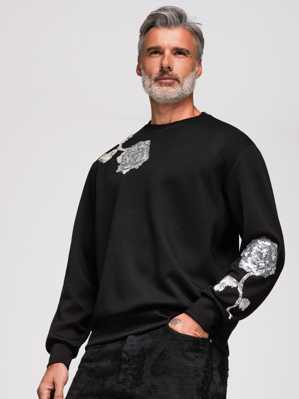 Ombre Clothing Pánská mikina s aplikacemi růží ze stříbrných flitrů a korálků s kulatým výstřihem - černá V1 OM-SSNZ-0272 Ombre Clothing