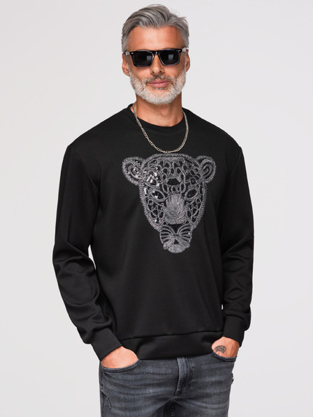 Ombre Clothing Pánská mikina se stříbrnou a černou aplikací pantera na hrudi s kulatým výstřihem - černá V1 OM-SSNZ-0273 Ombre Clothing
