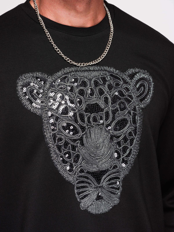 Ombre Clothing Pánská mikina se stříbrnou a černou aplikací pantera na hrudi s kulatým výstřihem - černá V1 OM-SSNZ-0273 Ombre Clothing