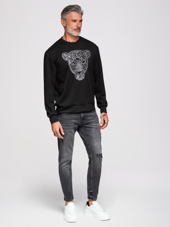 Ombre Clothing Pánská mikina se stříbrnou a černou aplikací pantera na hrudi s kulatým výstřihem - černá V1 OM-SSNZ-0273 Ombre Clothing