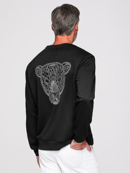 Ombre Clothing Pánská mikina se stříbrnou a černou aplikací pantera na zádech s kulatým výstřihem - černá V1 OM-SSNZ-0274 Ombre Clothing