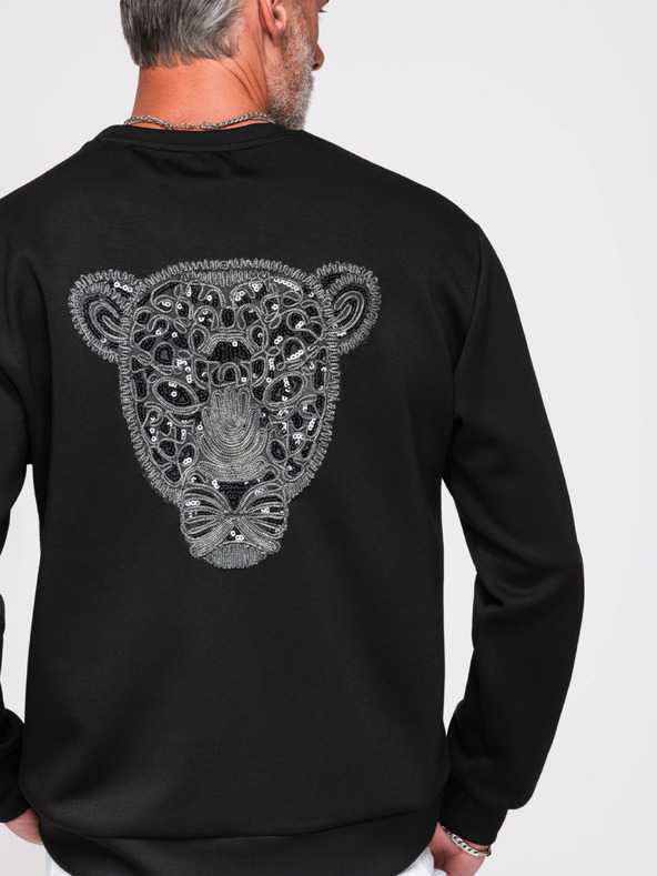 Ombre Clothing Pánská mikina se stříbrnou a černou aplikací pantera na zádech s kulatým výstřihem - černá V1 OM-SSNZ-0274 Ombre Clothing