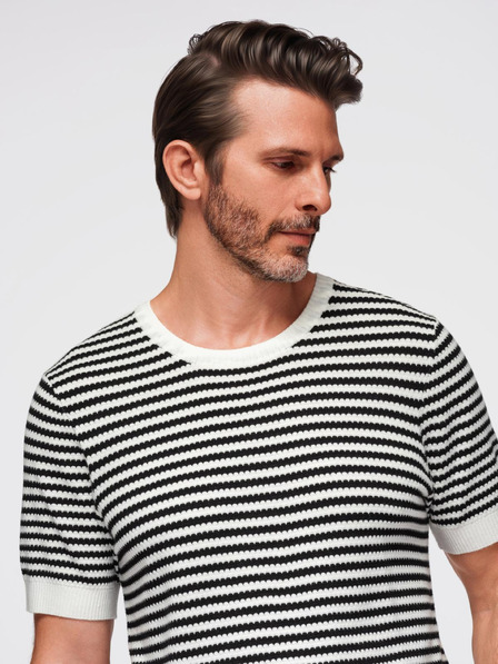 Ombre Clothing Pánské námořnické pruhované pletené tričko s prolamovanou vazbou - černobílé