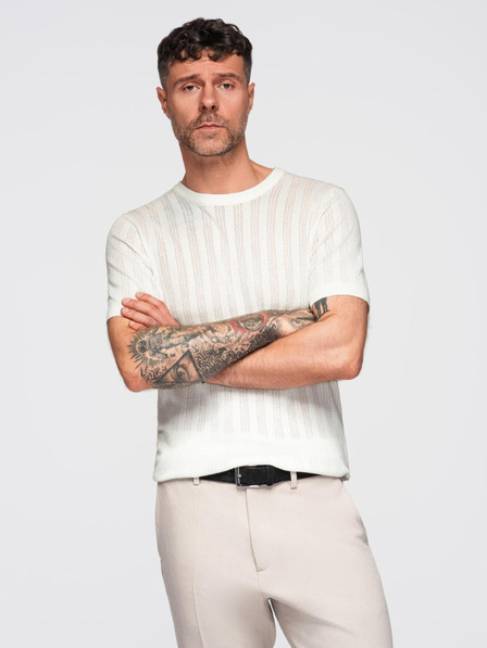 Ombre Clothing Pánský svetr s kulatým výstřihem a krátkými rukávy - bílý