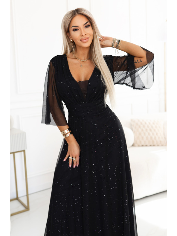 numoco Dlouhé třpytivé šaty plus size s výstřihem a průhledným rukávkem - černé