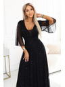 numoco Dlouhé třpytivé šaty plus size s výstřihem a průhledným rukávkem - černé