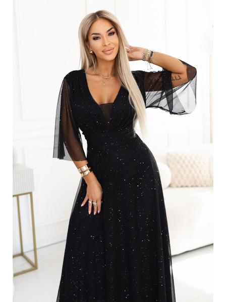 numoco Dlouhé třpytivé šaty plus size s výstřihem a průhledným rukávkem - černé