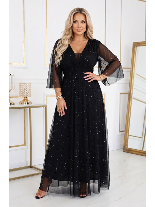numoco Dlouhé třpytivé šaty plus size s výstřihem a průhledným rukávkem - černé