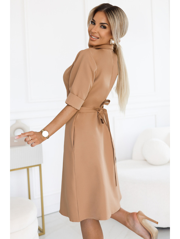 numoco Rozevláté košilové šaty s páskem - MOCHA MOUSSE