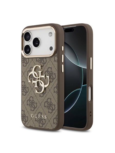 Guess Guess PU Leather 4G Metal Logo Gold Frame Zadní Kryt pro iPhone 17 Pro Max Brown