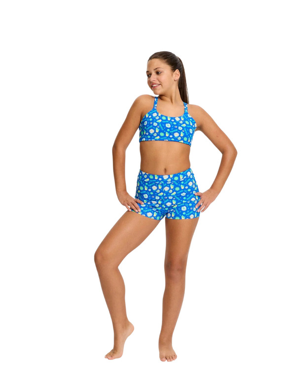 Modibodi Dívčí menstruační plavky Modibodi Teen Smileyworld Hi Waist Short Boho Botanical Blue spodní díl