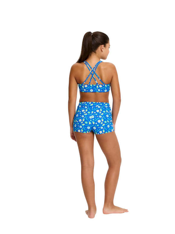 Modibodi Dívčí menstruační plavky Modibodi Teen Smileyworld Hi Waist Short Boho Botanical Blue spodní díl