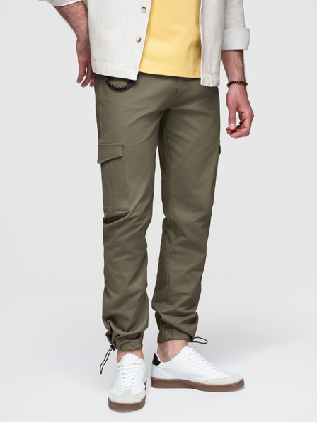 Ombre Clothing Pánské kalhoty s nákladovými kapsami a lemem nohavic - tmavě olivově zelené V1 P1526 Ombre Clothing
