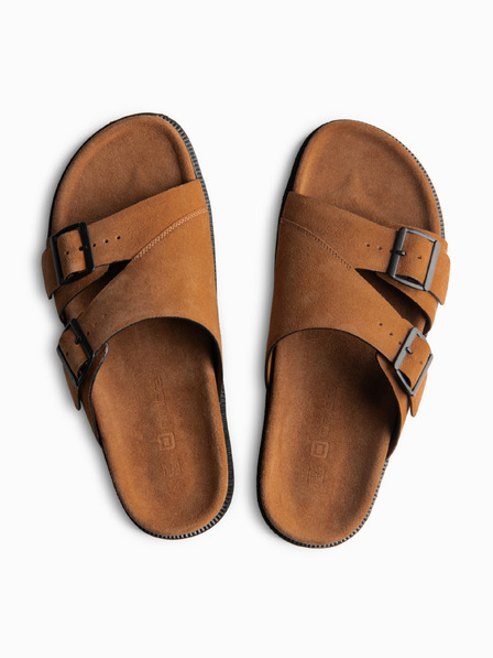 Ombre Clothing Pánské žabky z přírodního semiše s nastavitelnými přezkami - camel V3 OM-FOSF-0249 Ombre Clothing