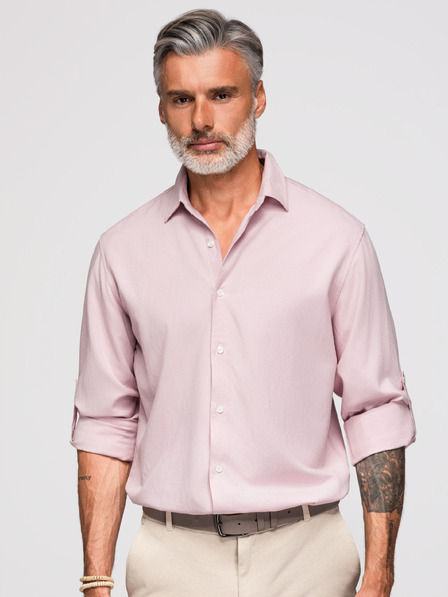 Ombre Clothing Pánská košile z viskózy a lnu, střih regular – pastelově růžová V3 OM-SHCS-0190 Ombre Clothing