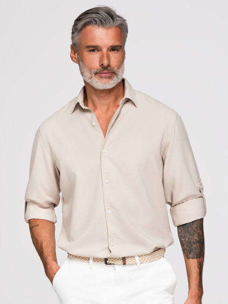 Ombre Clothing Pánská košile z viskózy a lnu, regular střih – béžová V1 OM-SHCS-0190 Ombre Clothing