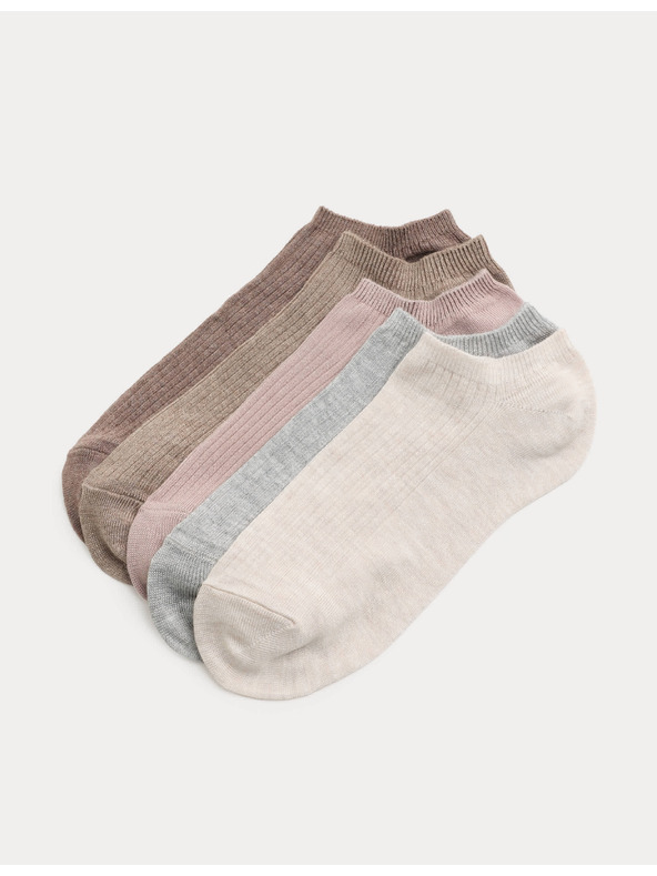 Marks & Spencer Balení 5 superměkkých žebrovaných krátkých ponožek Trainer Liners™ Marks & Spencer béžová