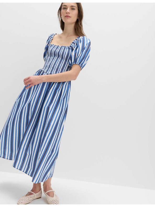Marks & Spencer Pruhované řasené midi šaty z čisté bavlny Marks & Spencer modrá