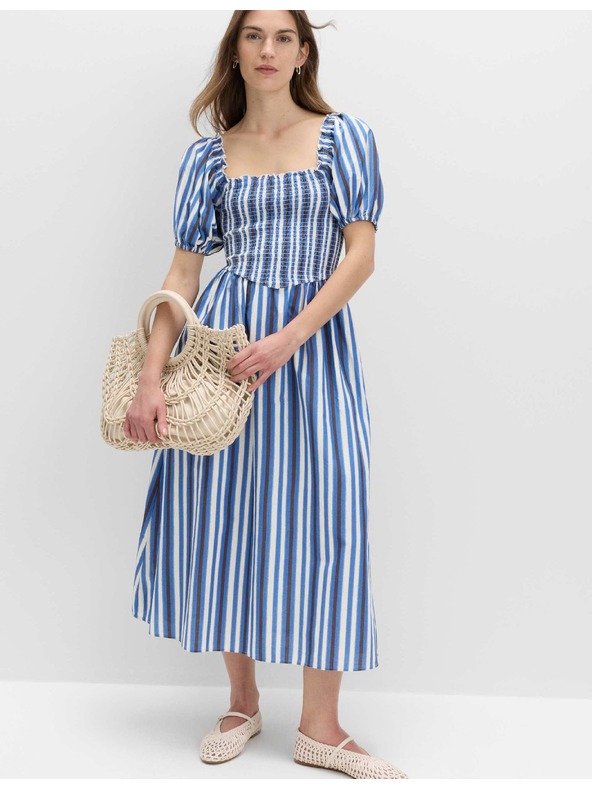 Marks & Spencer Pruhované řasené midi šaty z čisté bavlny Marks & Spencer modrá