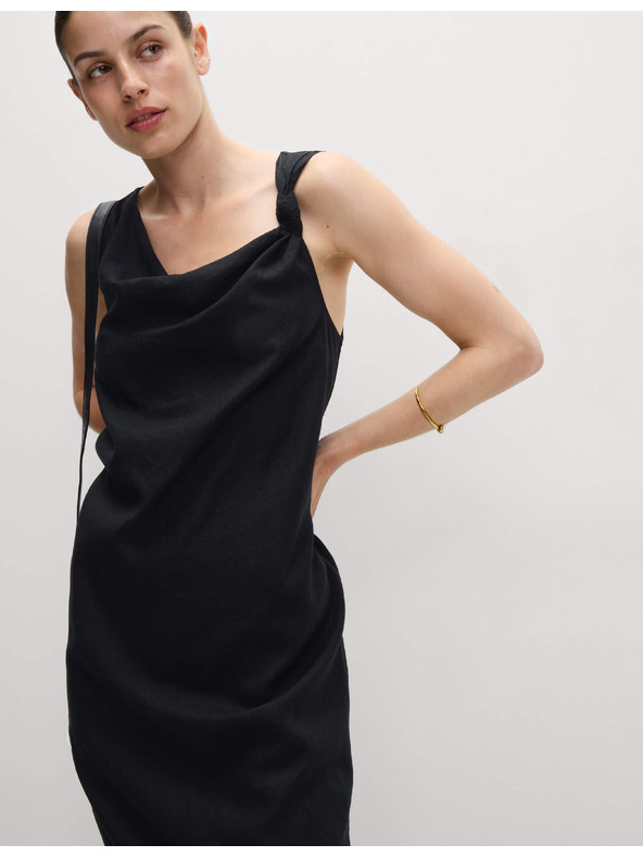 Marks & Spencer Splývavé midaxi šaty s vysokým podílem lnu a zavazováním u krku Marks & Spencer černá